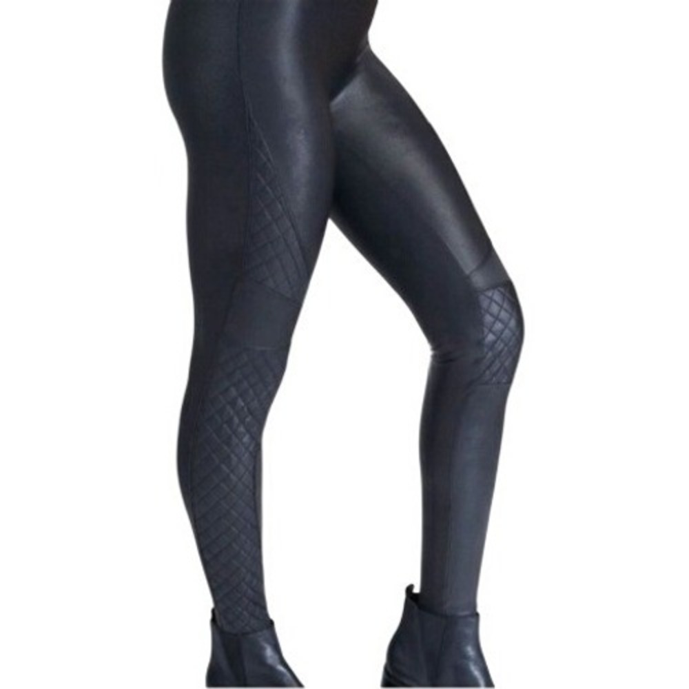 Spanx Womens M Quilted Faux Leather Leggings in Very Black